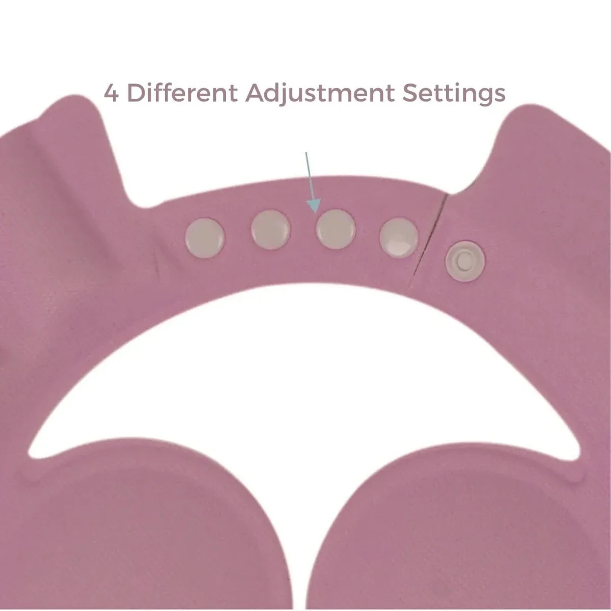 Pink baby bath cap with multi-button strap for adjustable fit