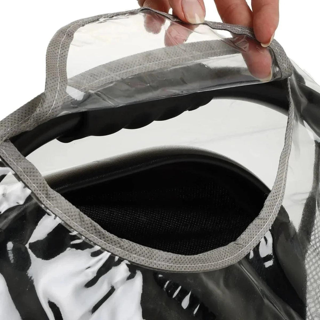 Rain cover window with gray mesh edge and transparent plastic panel
