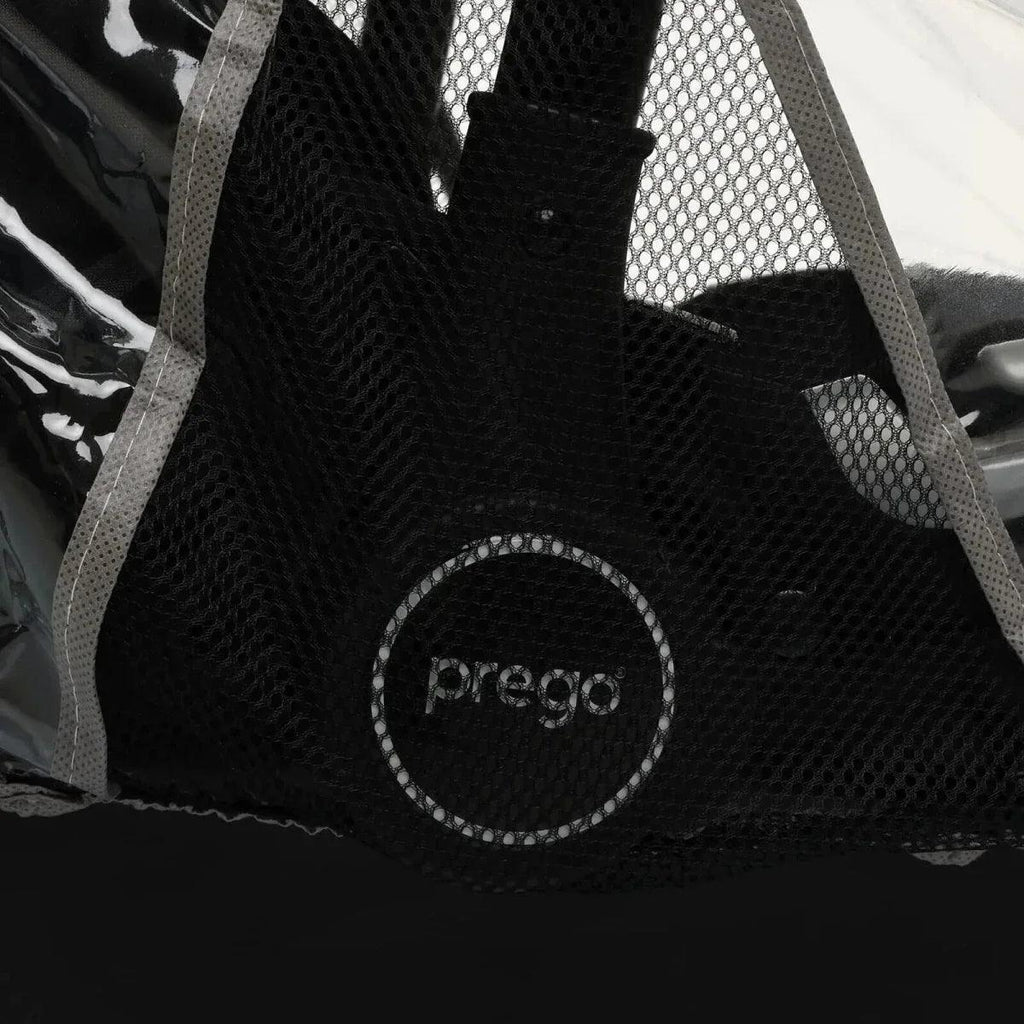 Black mesh organizer on rain cover with grey trim and prbgo logo
