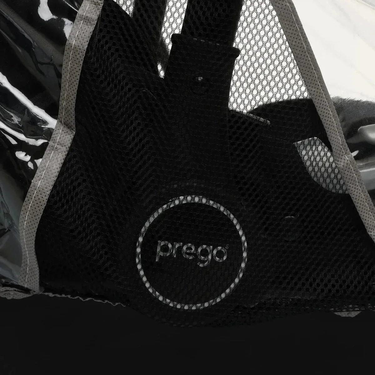 Black mesh organizer on rain cover with grey trim and prbgo logo