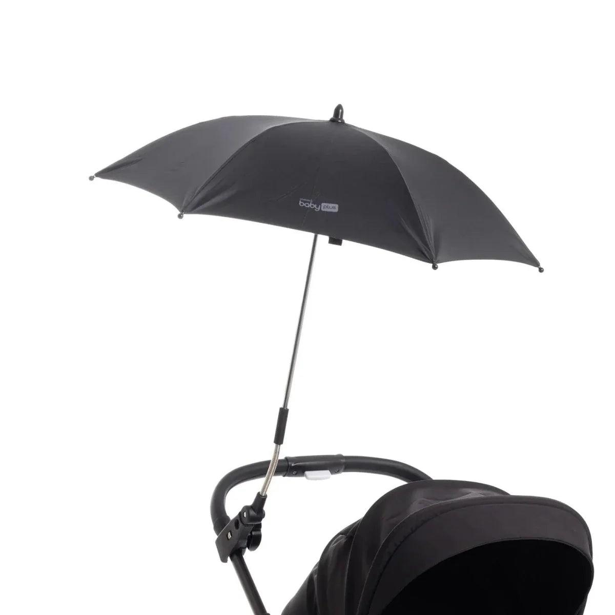 Black stroller parasol with open umbrella canopy and adjustable support pole