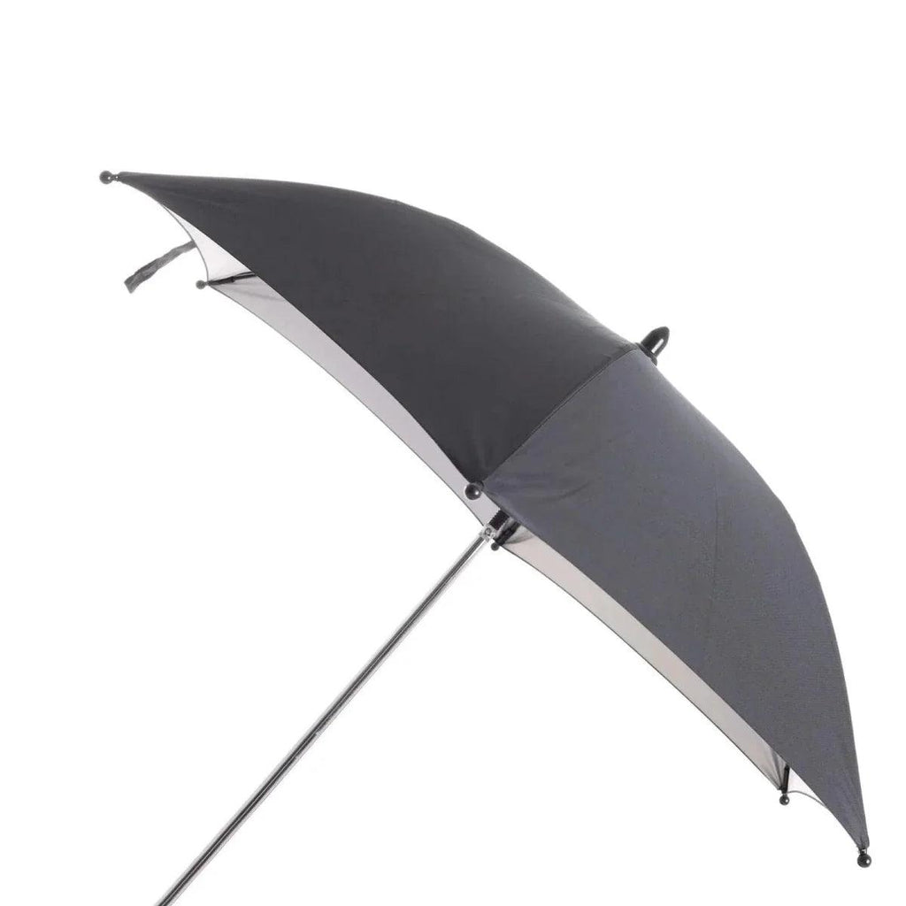 Black stroller parasol umbrella with curved canopy and metal support frame