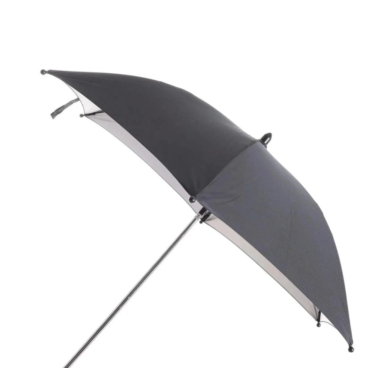 Black stroller parasol umbrella with curved canopy and metal support frame