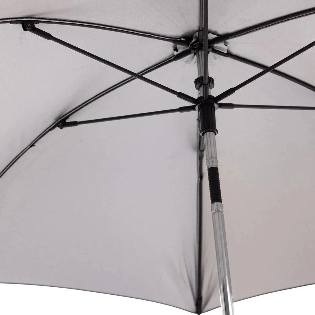Close-up of black parasol canopy ribs and central mounting pole