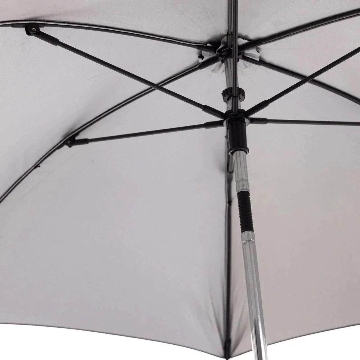 Close-up of black parasol canopy ribs and central mounting pole