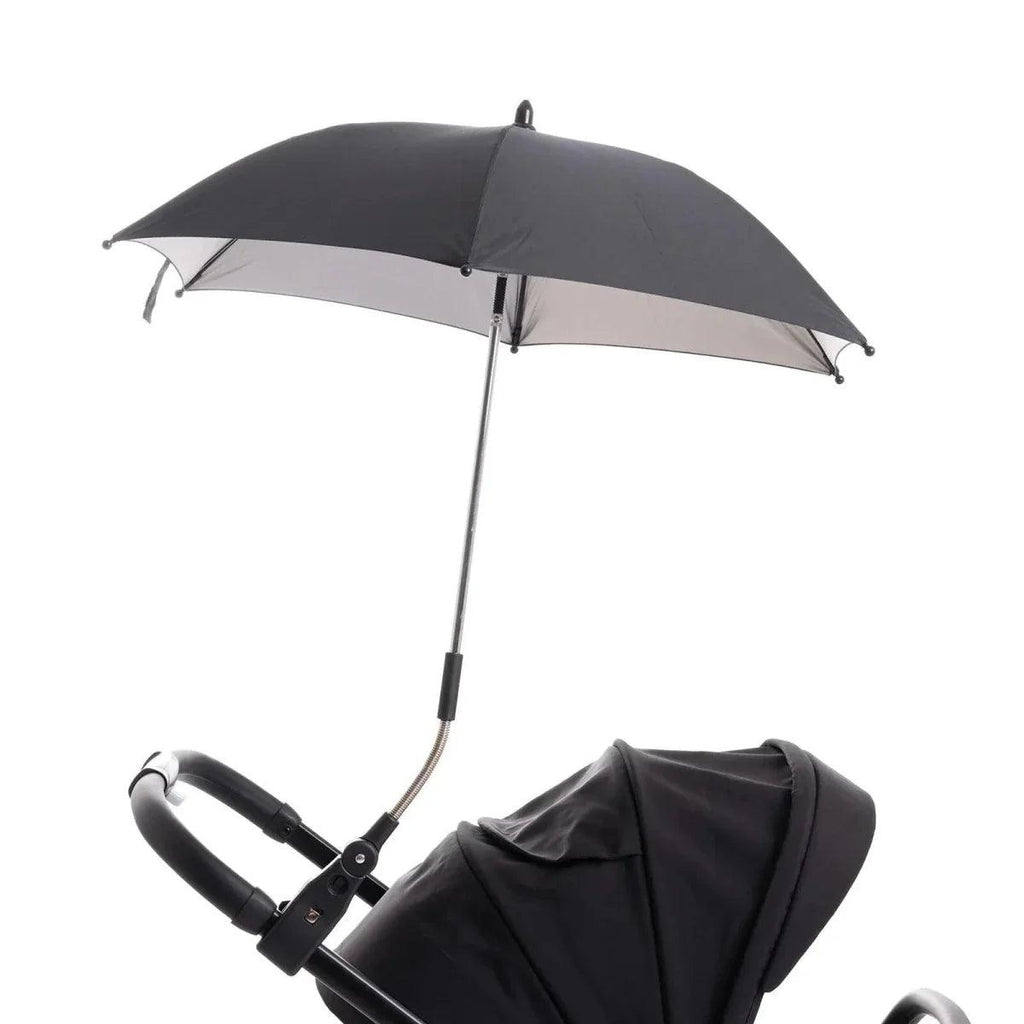 Black stroller seat with open black parasol umbrella and straight support pole