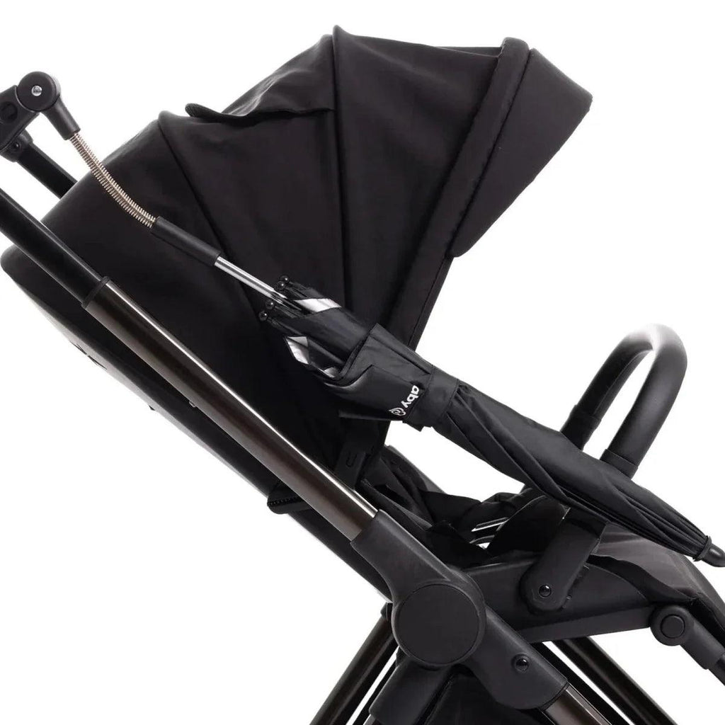 Black stroller seat and armrest with attached parasol strap and support bar