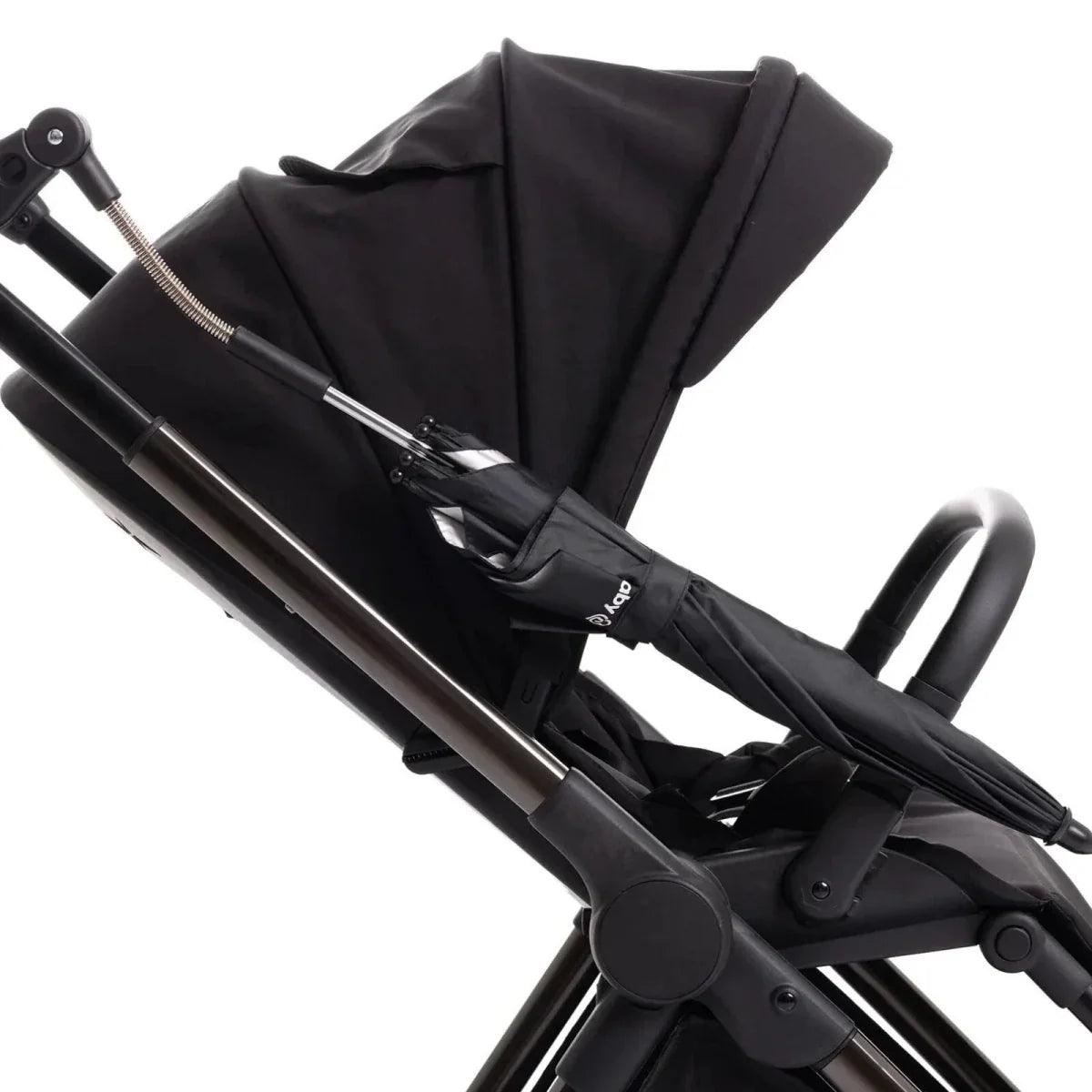 Black stroller seat and armrest with attached parasol strap and support bar