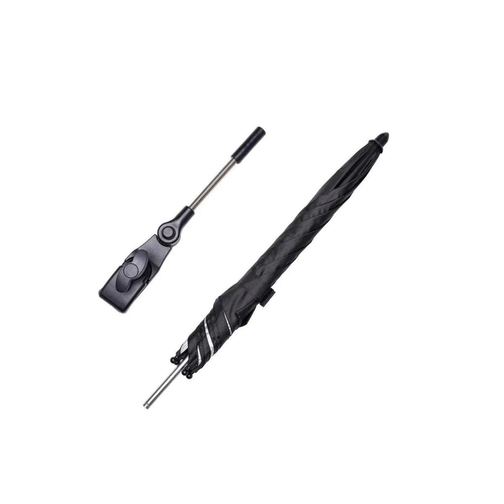 Stroller parasol parts: black handle pole with umbrella cover and folded canopy