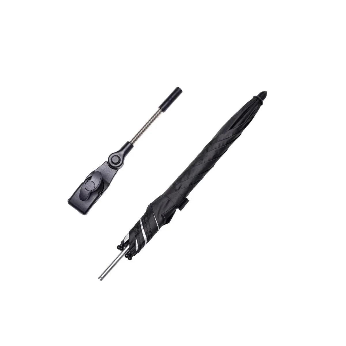Stroller parasol parts: black handle pole with umbrella cover and folded canopy