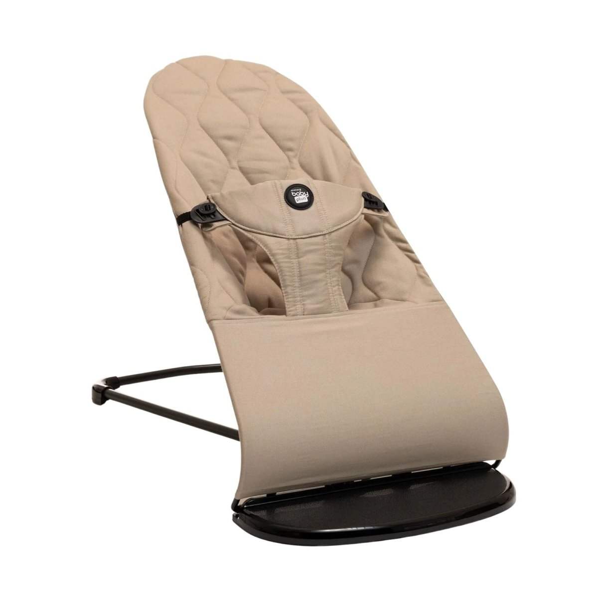 Beige baby bouncer with padded seat and black rocker base, side handle bars