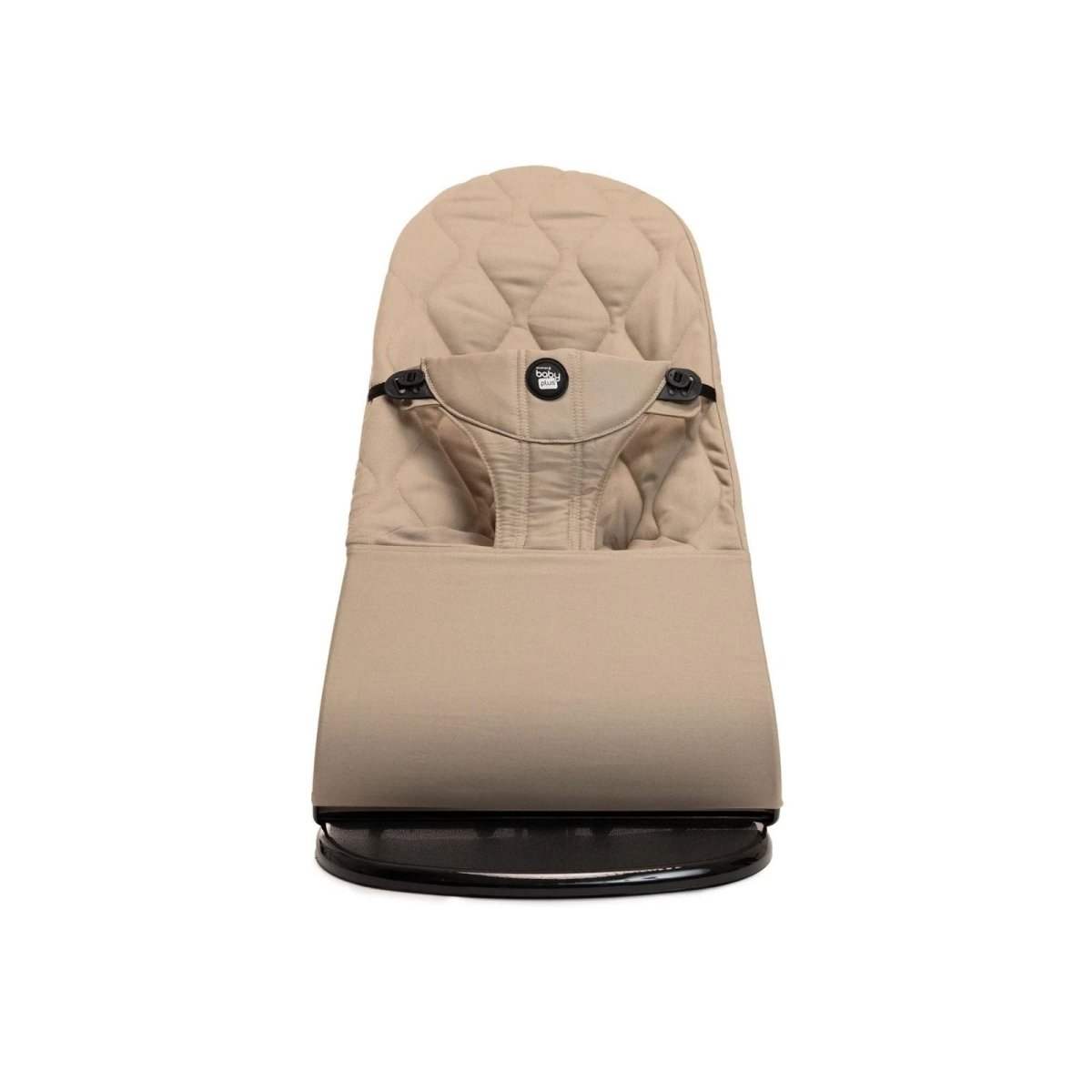 Beige baby bouncer with padded headrest and front harness straps, black base