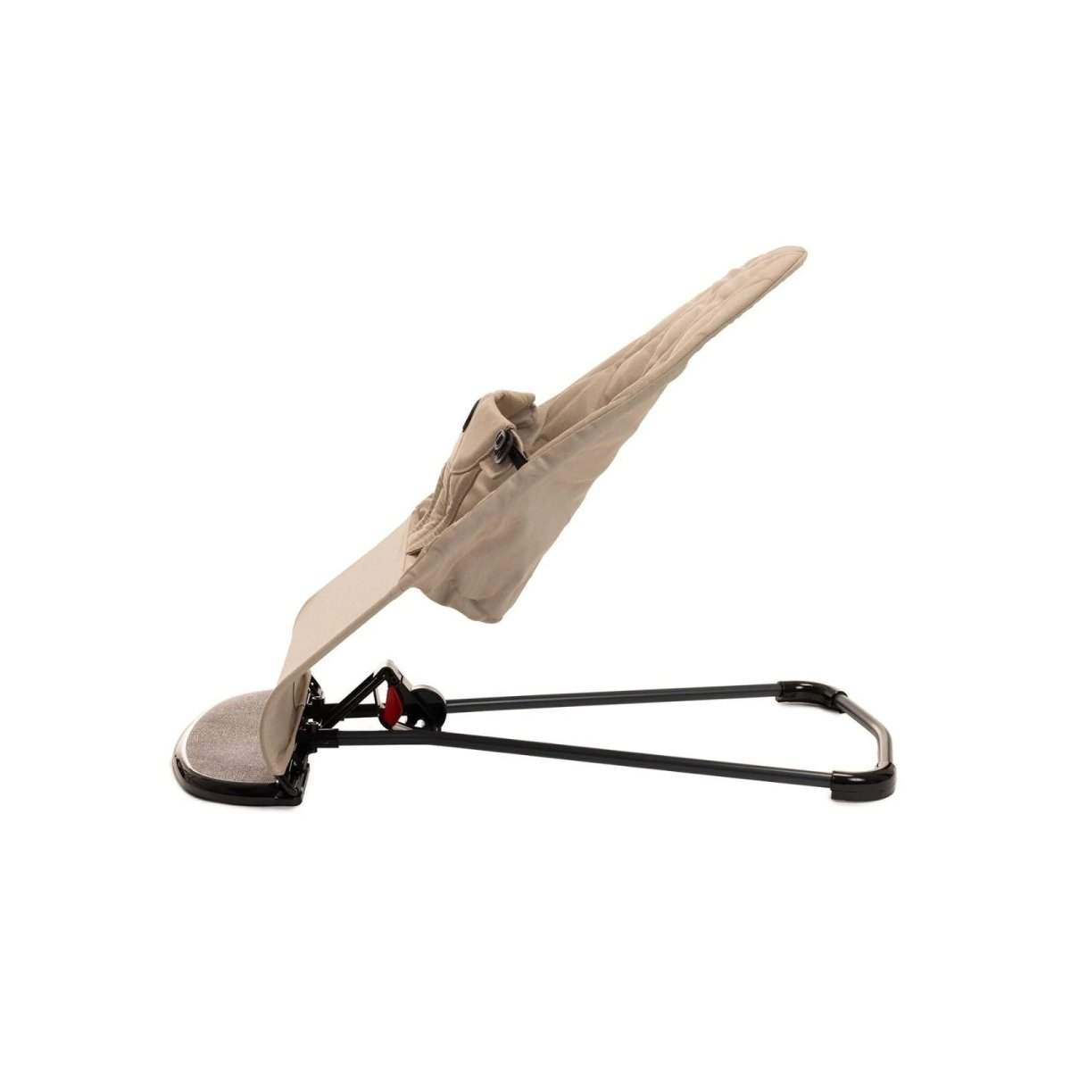 Beige reclining baby bouncer with black frame and flat rocking base