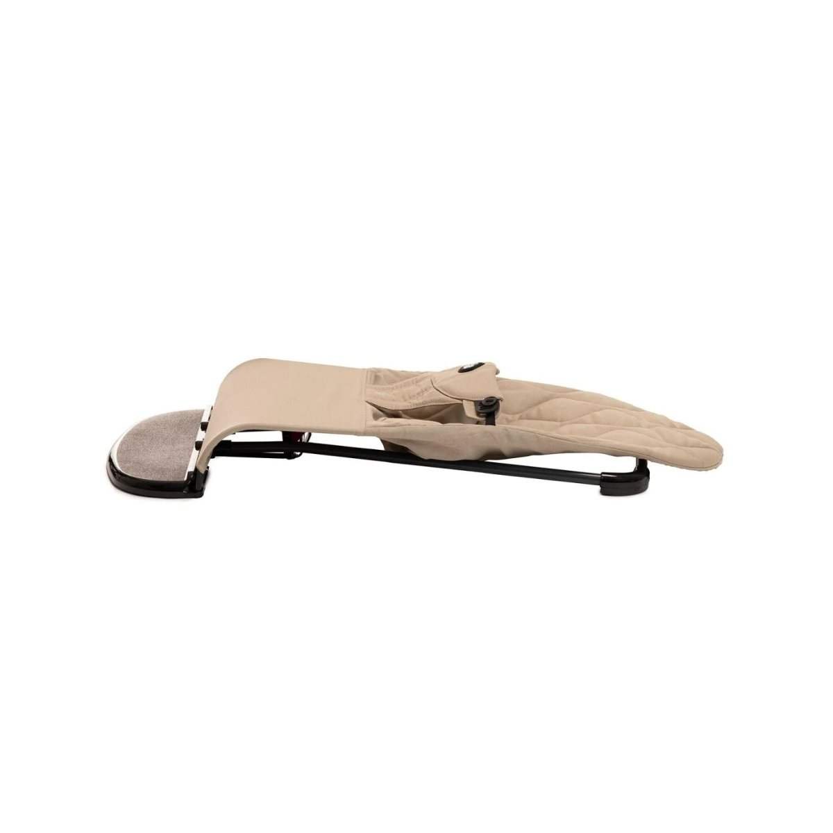 Beige baby bouncer with extended canopy and black rocker legs, top view