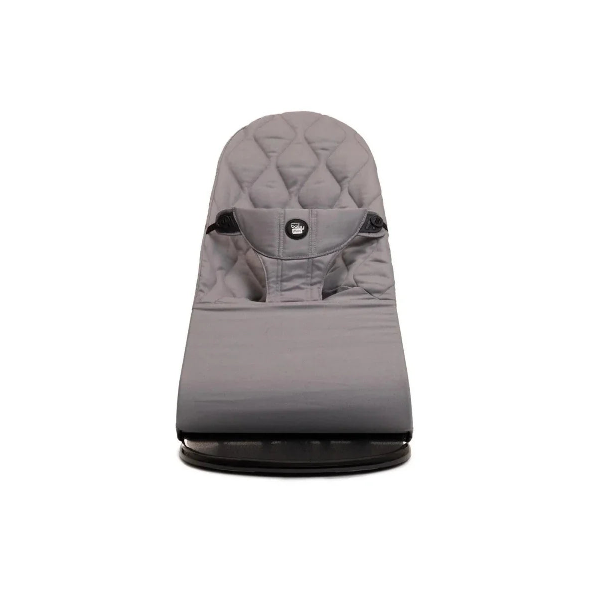 Grey fabric baby bouncer with quilted backrest and curved stability base