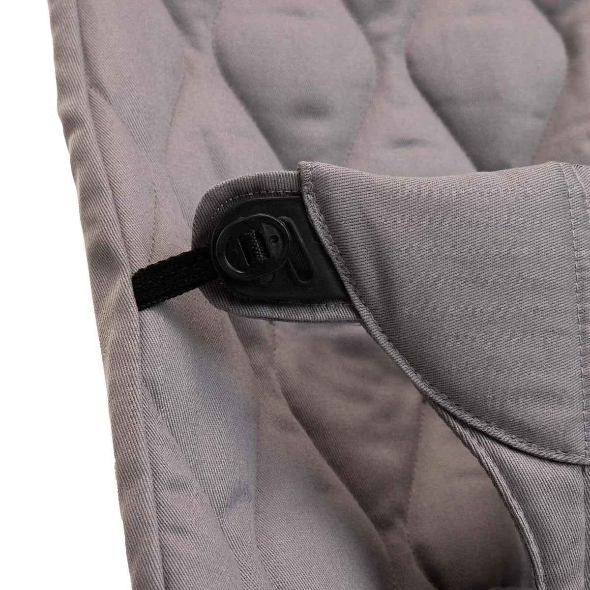 Grey baby bouncer side latch with adjustable harness strap detail