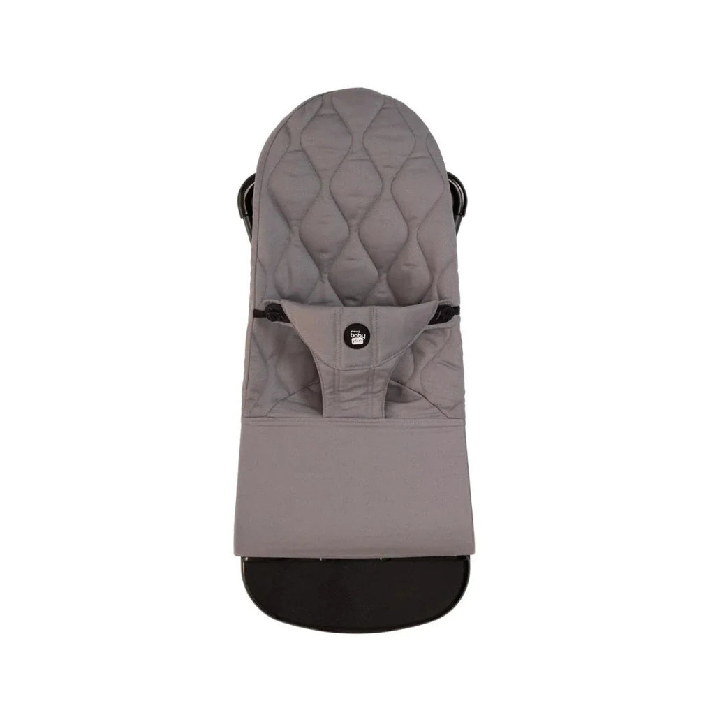 Grey baby bouncer front view with quilted headrest and black base