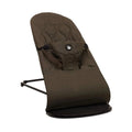 Khaki baby bouncer with padded seat and black rocking frame, front view.