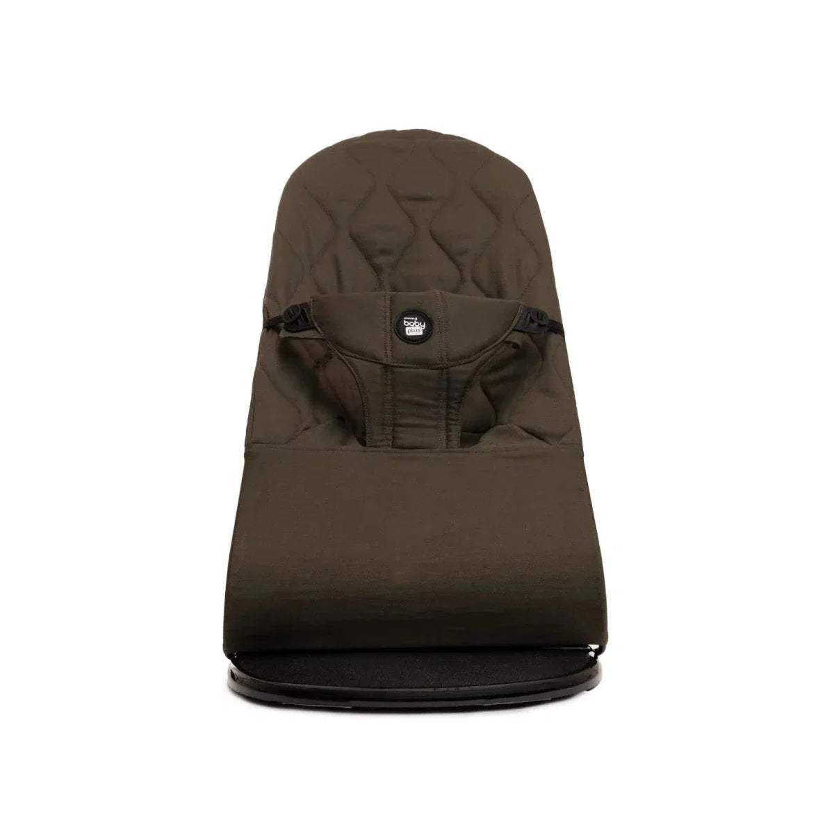 Khaki baby bouncer with padded headrest and logo patch, rear view.