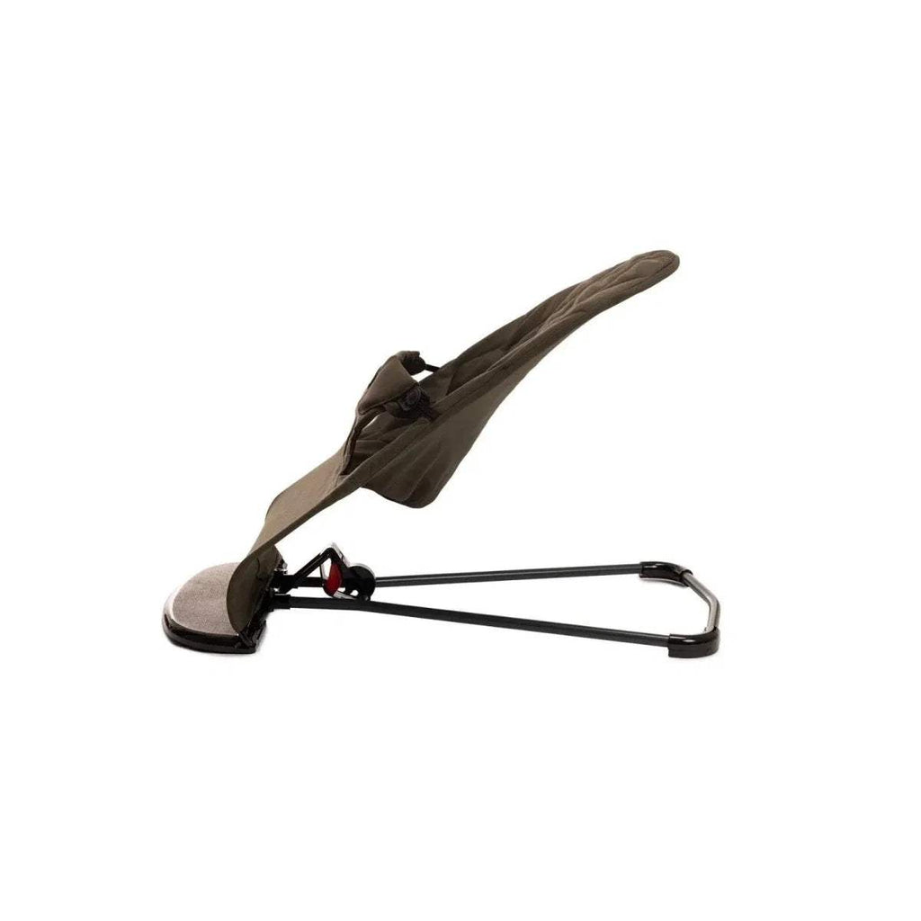 Khaki baby bouncer with black rocking base and padded seat, side view.