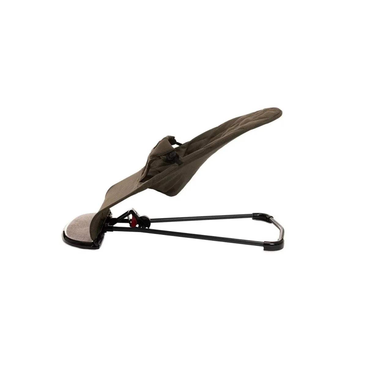 Khaki baby bouncer with curved footrest base and padded canopy, side view.