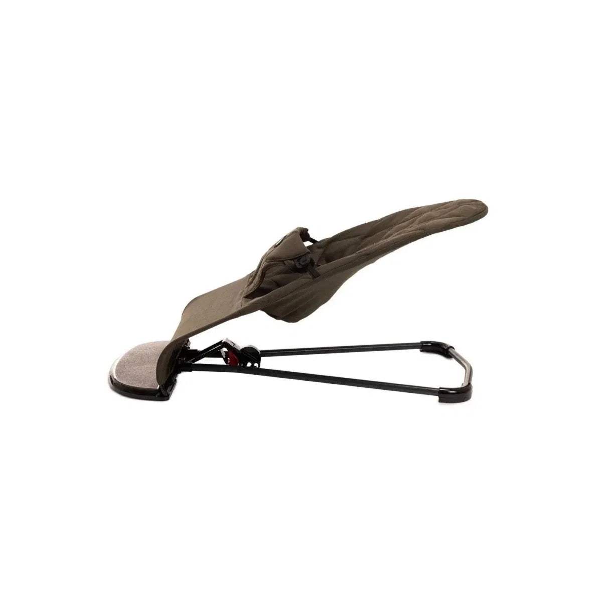 Khaki baby bouncer with rocking frame and padded seat backrest, angled view.