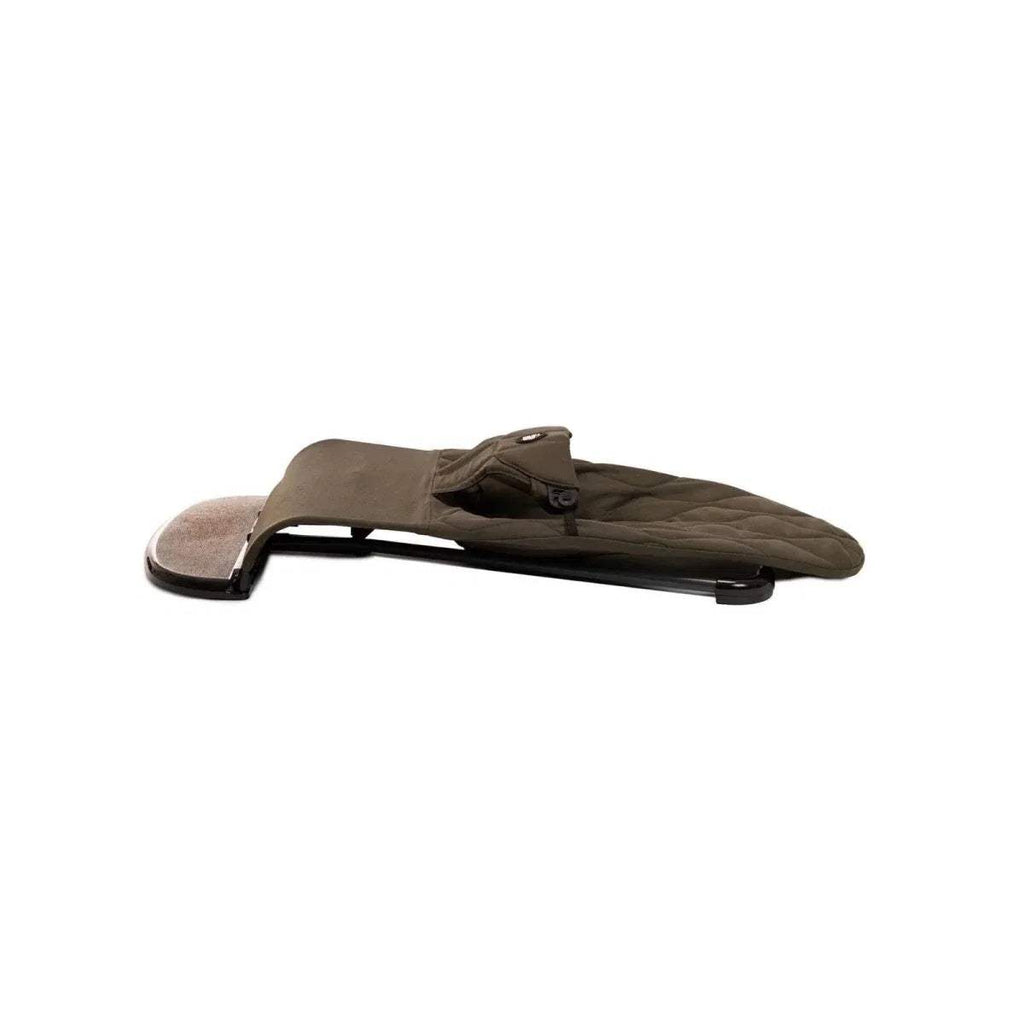 Khaki baby bouncer with low rocking base and padded seat, profile view.
