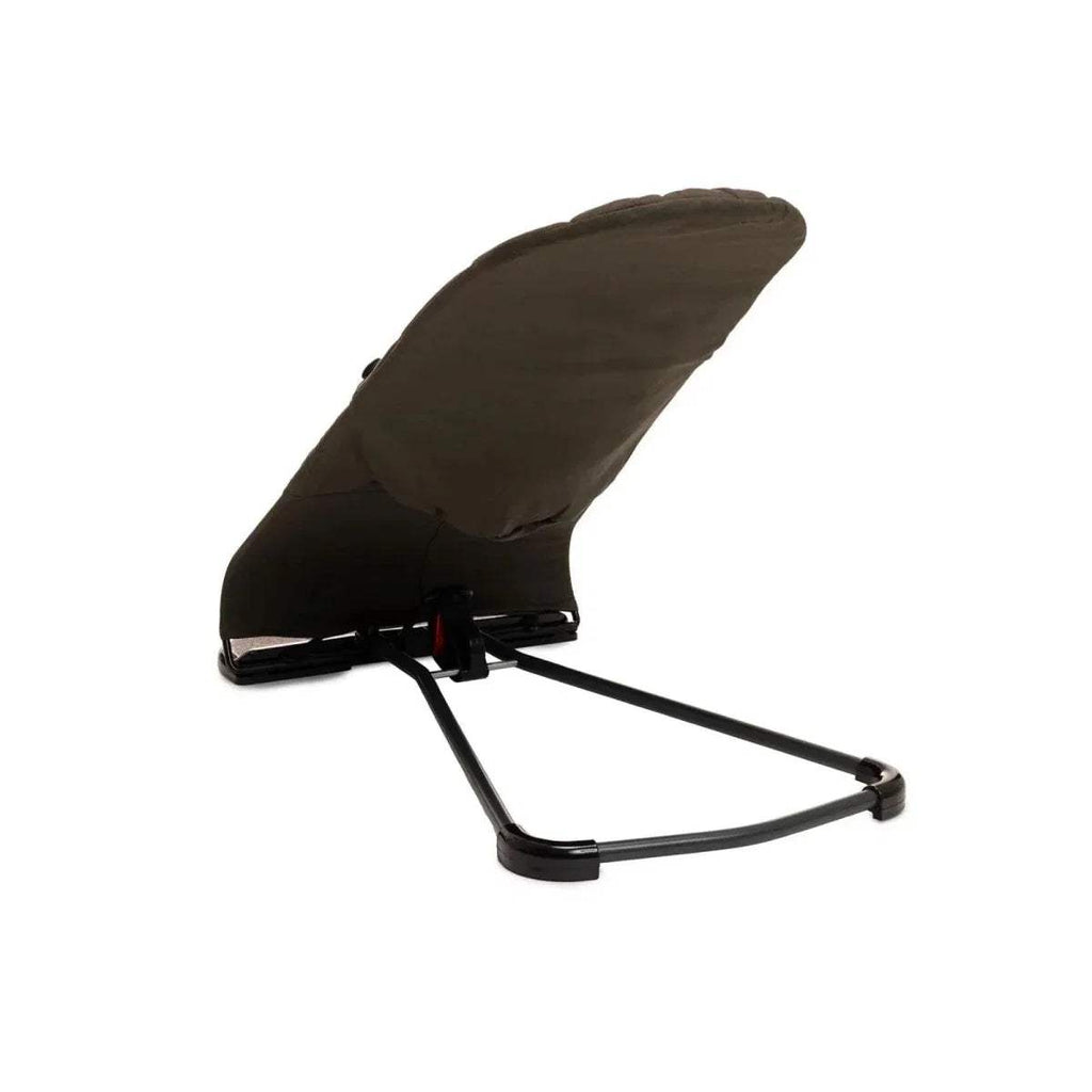 Khaki baby bouncer with black base legs and padded seat, 3/4 side view.