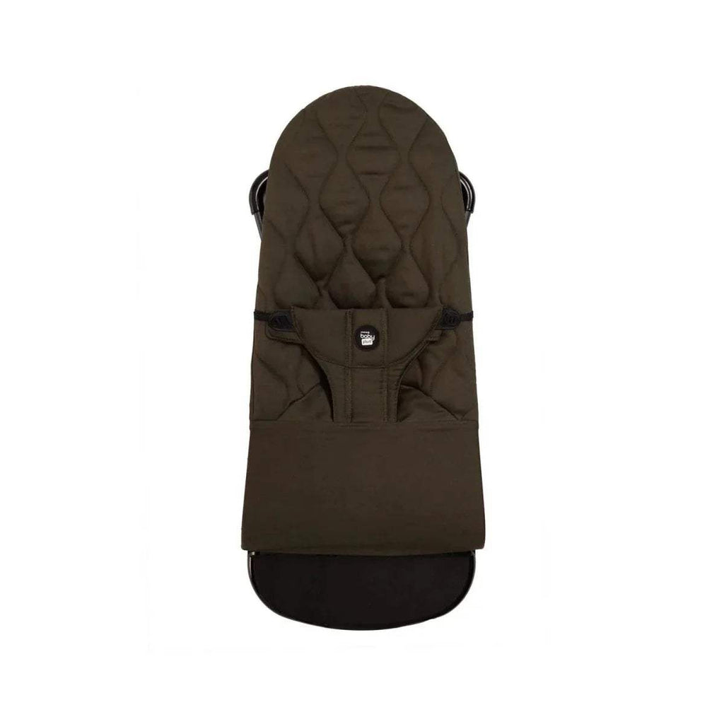 Khaki baby bouncer seat with padded headrest and fabric harness