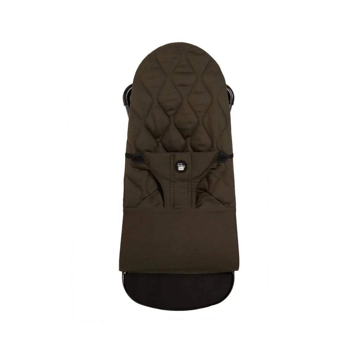 Khaki baby bouncer seat with padded headrest and fabric harness