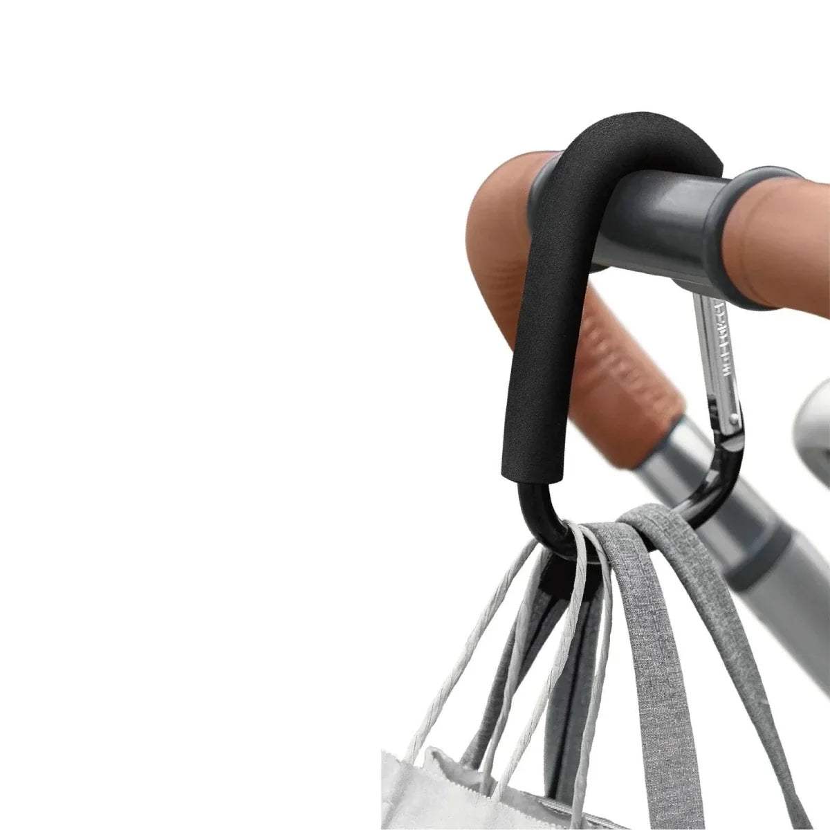 Black stroller carrying hook with metal frame and hanging fabric straps