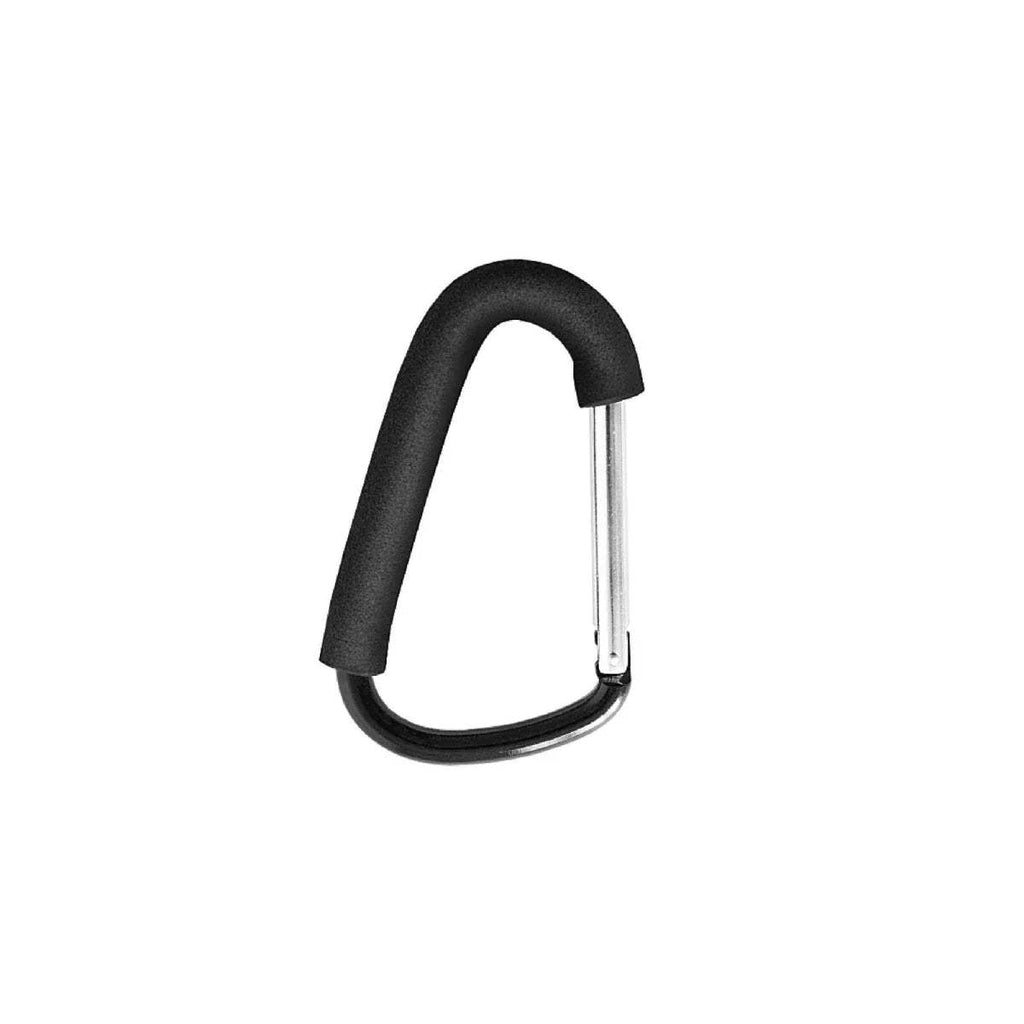 Black stroller carrying hook with metal bar and curved loop