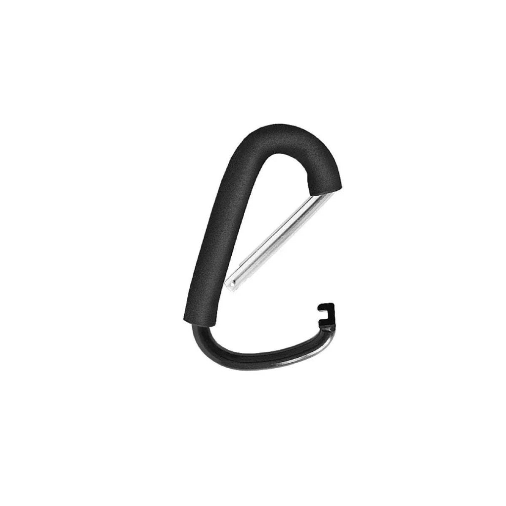 Black stroller carrying hook detail with curved loop and metal support bar