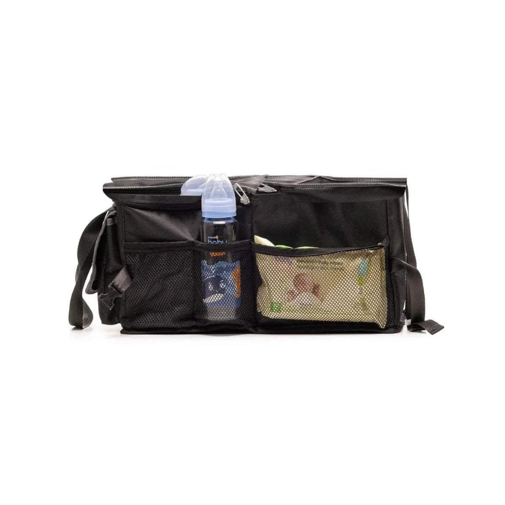 baby plus thermal organizer bag showing mesh side pocket with bottles inside