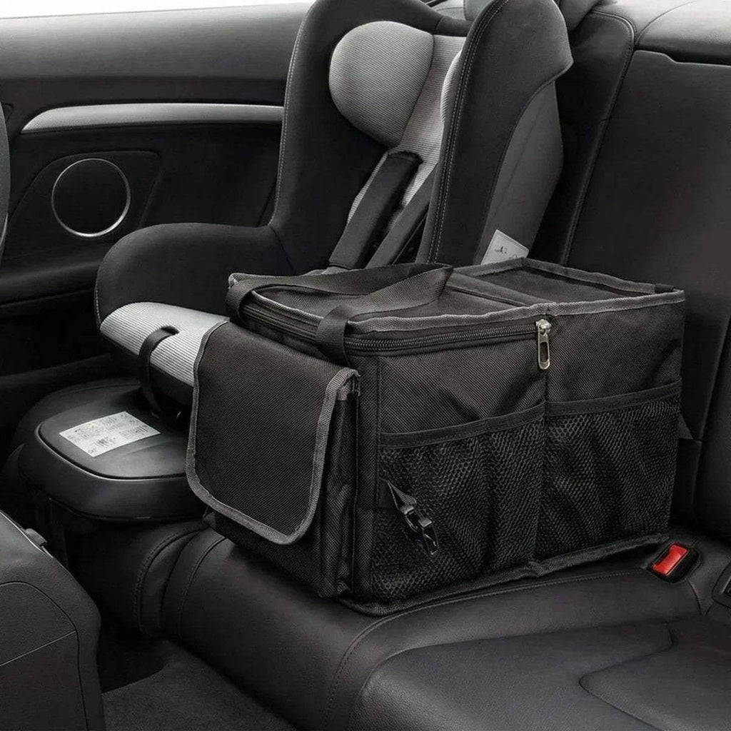 Thermal organizer bag for baby, dark gray, zip pockets and mesh organizer front.