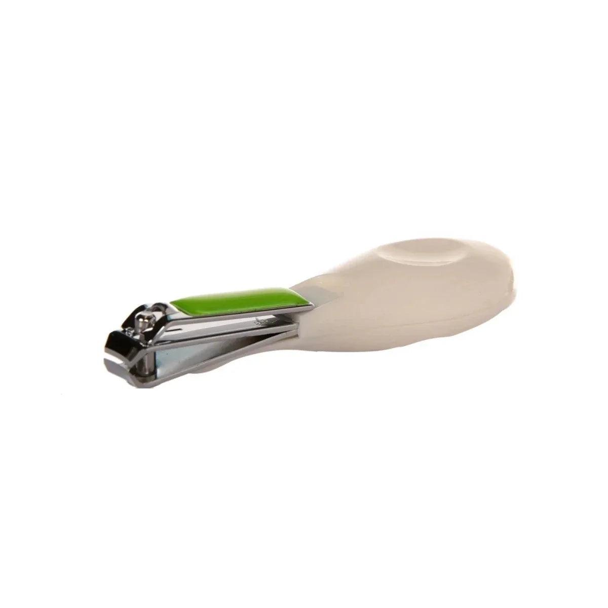 Nail clipper with lime green accent and beige handle cover, chrome jaws