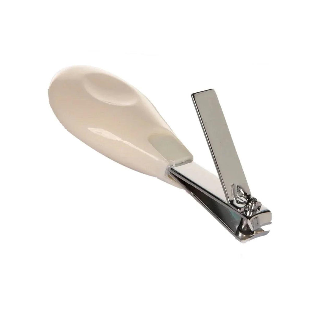 Baby nail clipper with curved beige handle and stainless steel cutting plate
