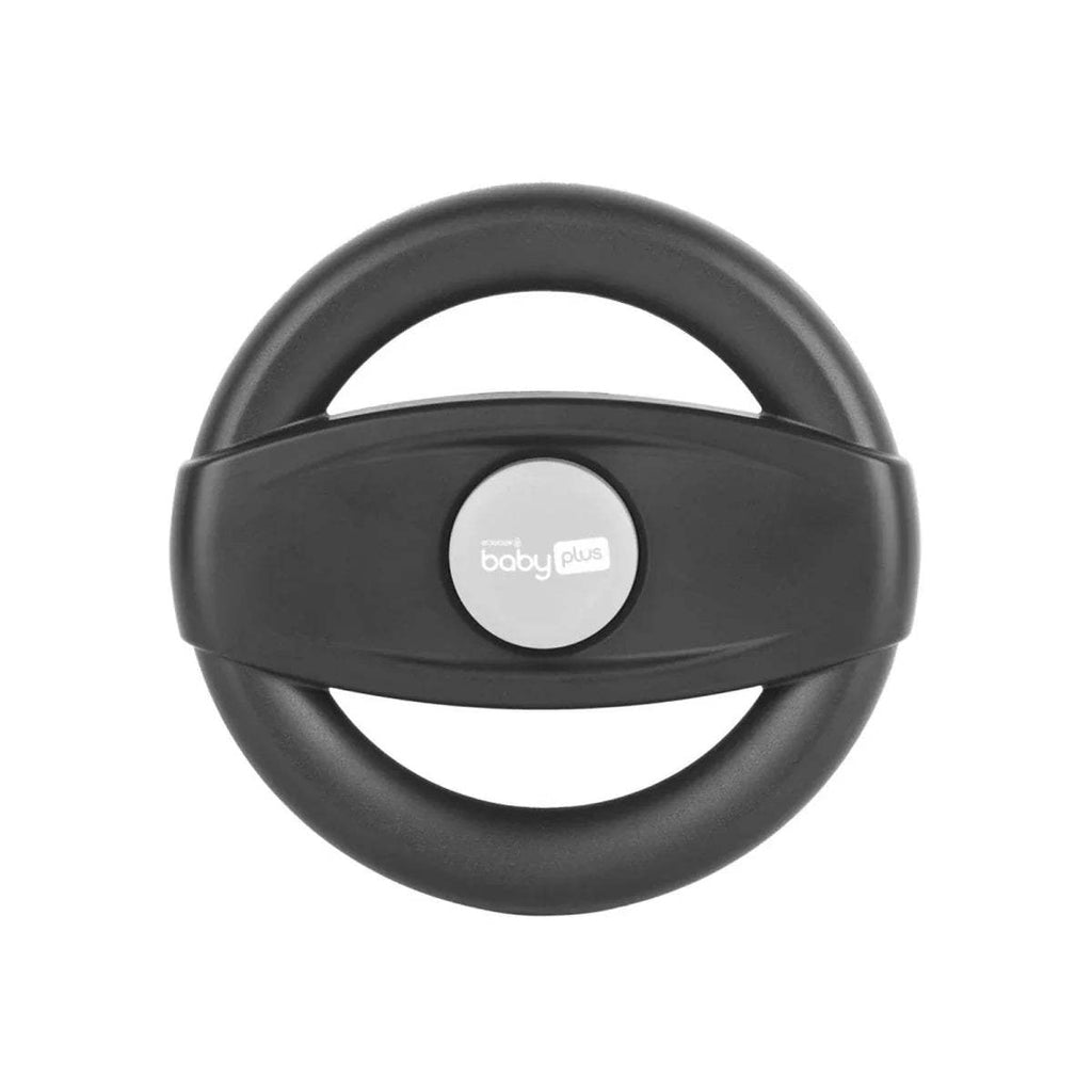 Stroller steering wheel with dark gray rim and round center badge, for baby plus stroller