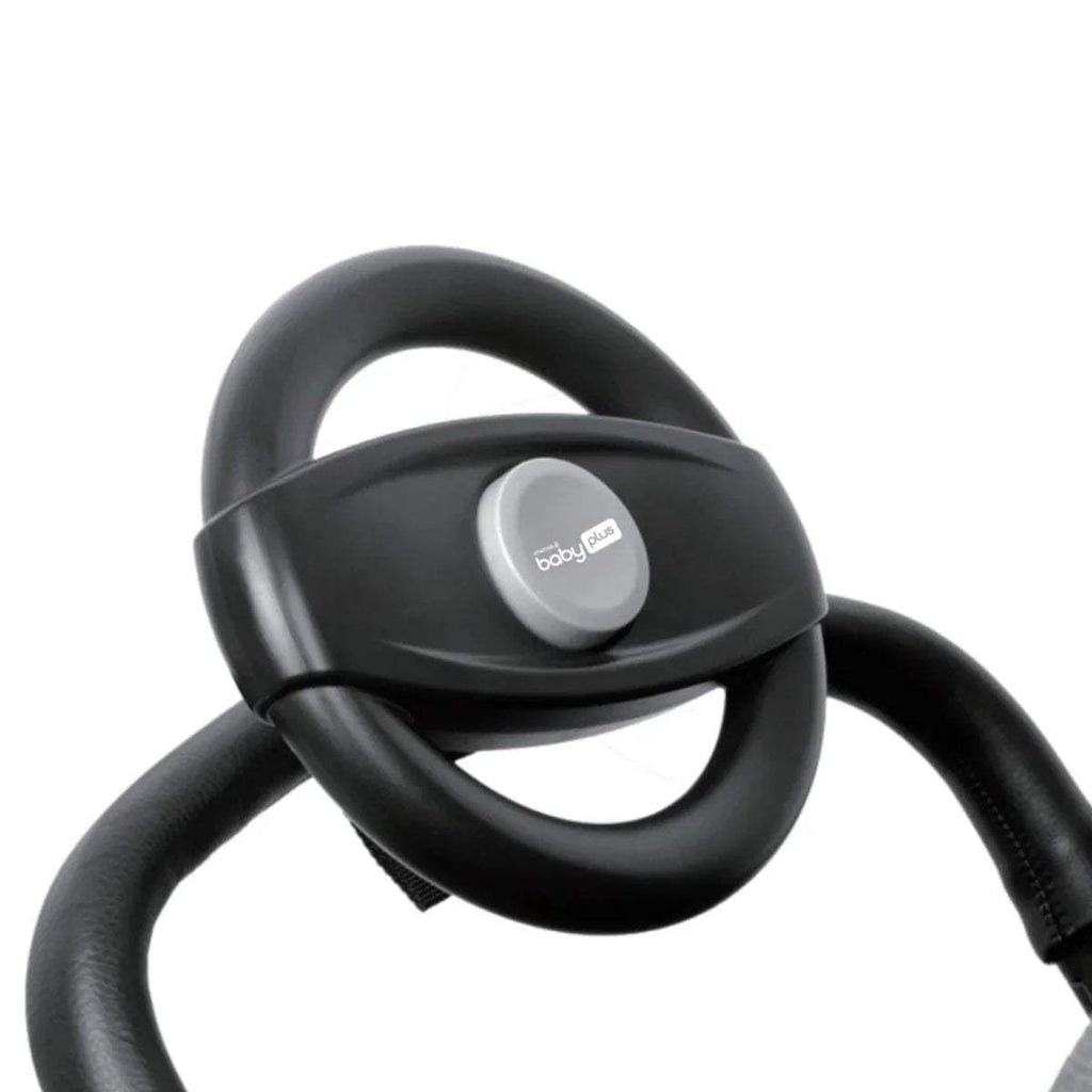 Stroller steering wheel with dark gray curved handle and oval center control, close-up