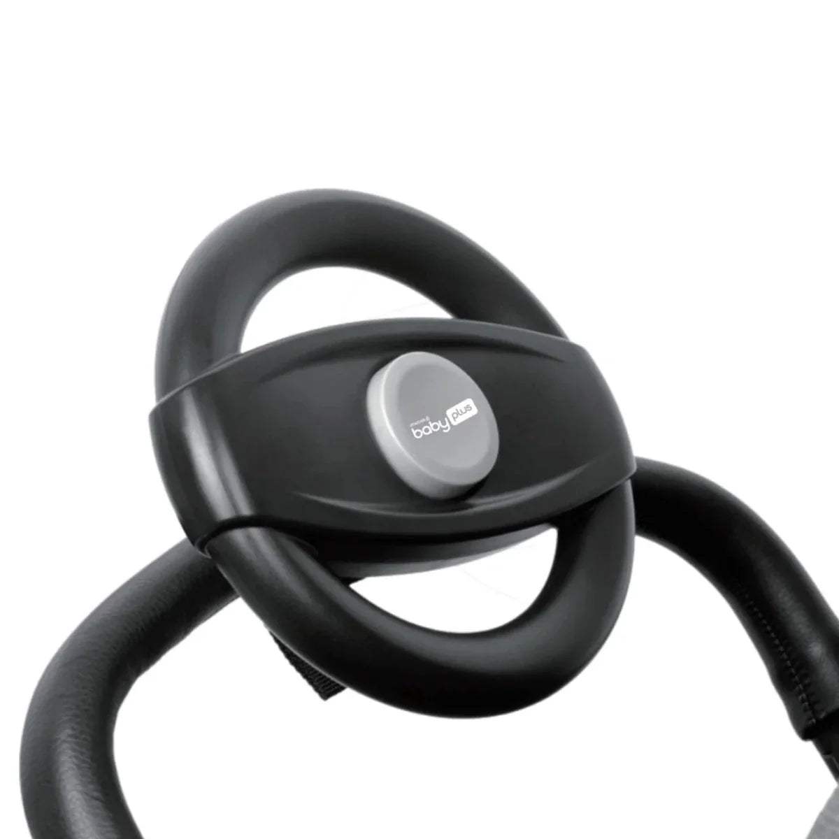 Stroller steering wheel with dark gray curved handle and oval center control, close-up