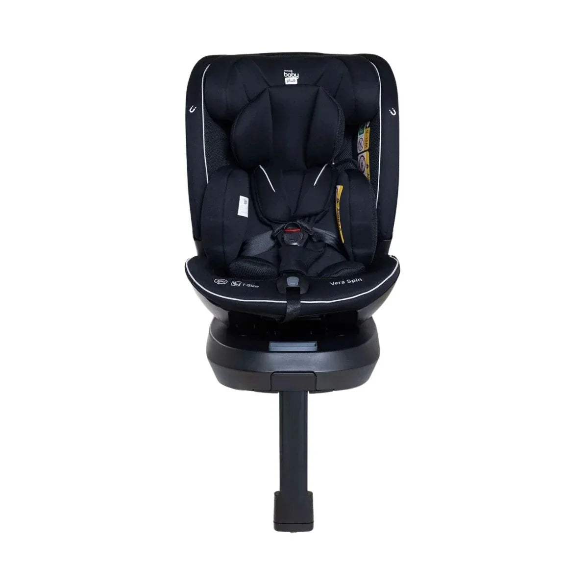 Black baby car seat with padded headrest, harness straps, and 360 rotating base
