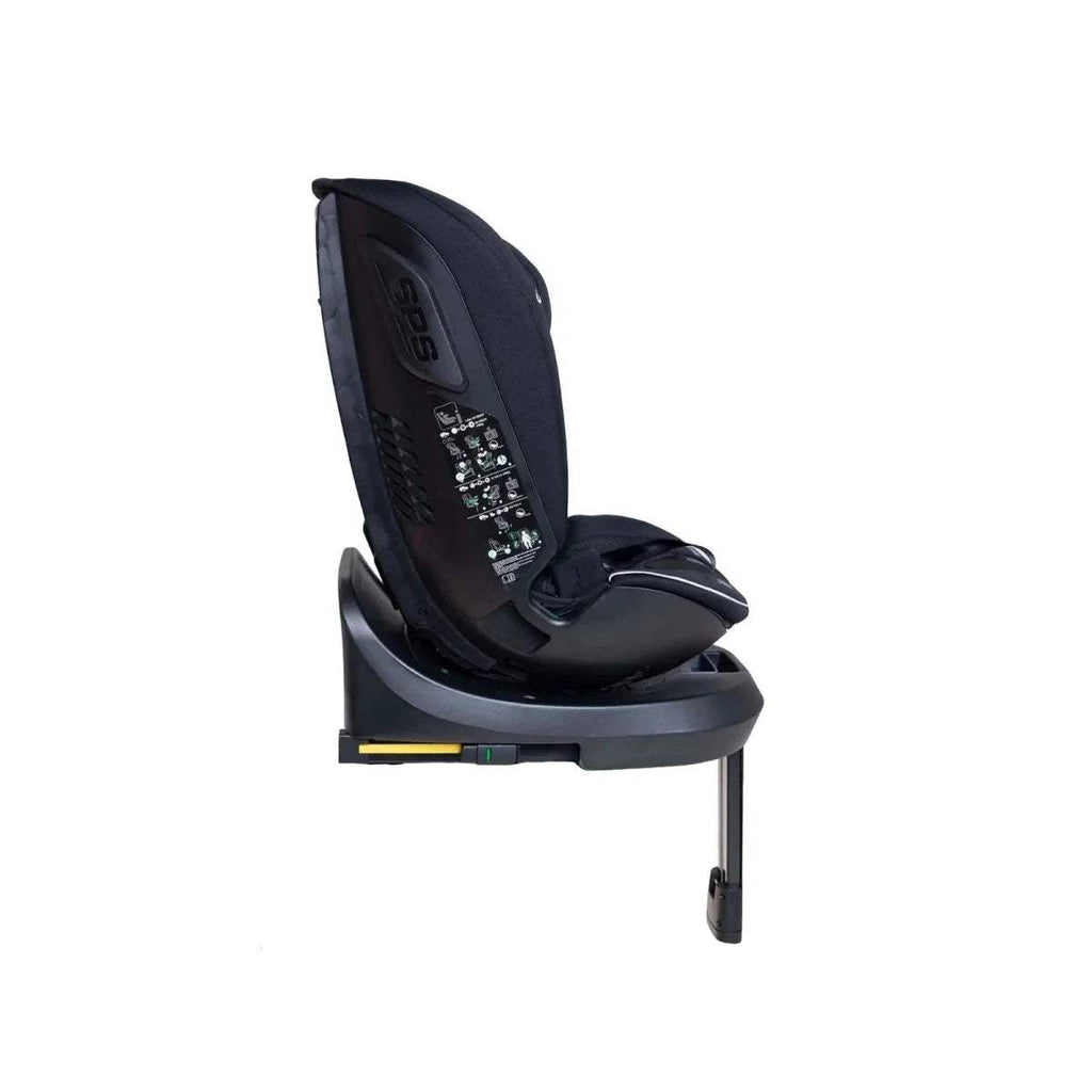Black car seat side view with padded side wings, harness straps, and rotating base