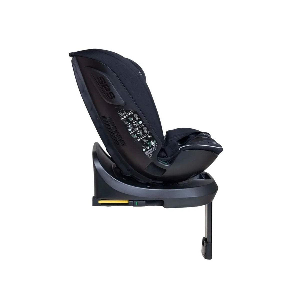 Black car seat angled view with side shield showing SIPS text, harness, and 360 base