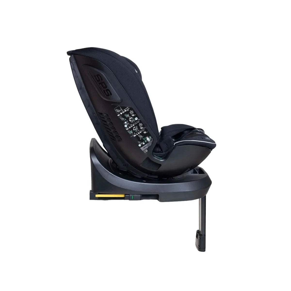 Black car seat angled view with side shield showing SIPS text, harness, and 360 base