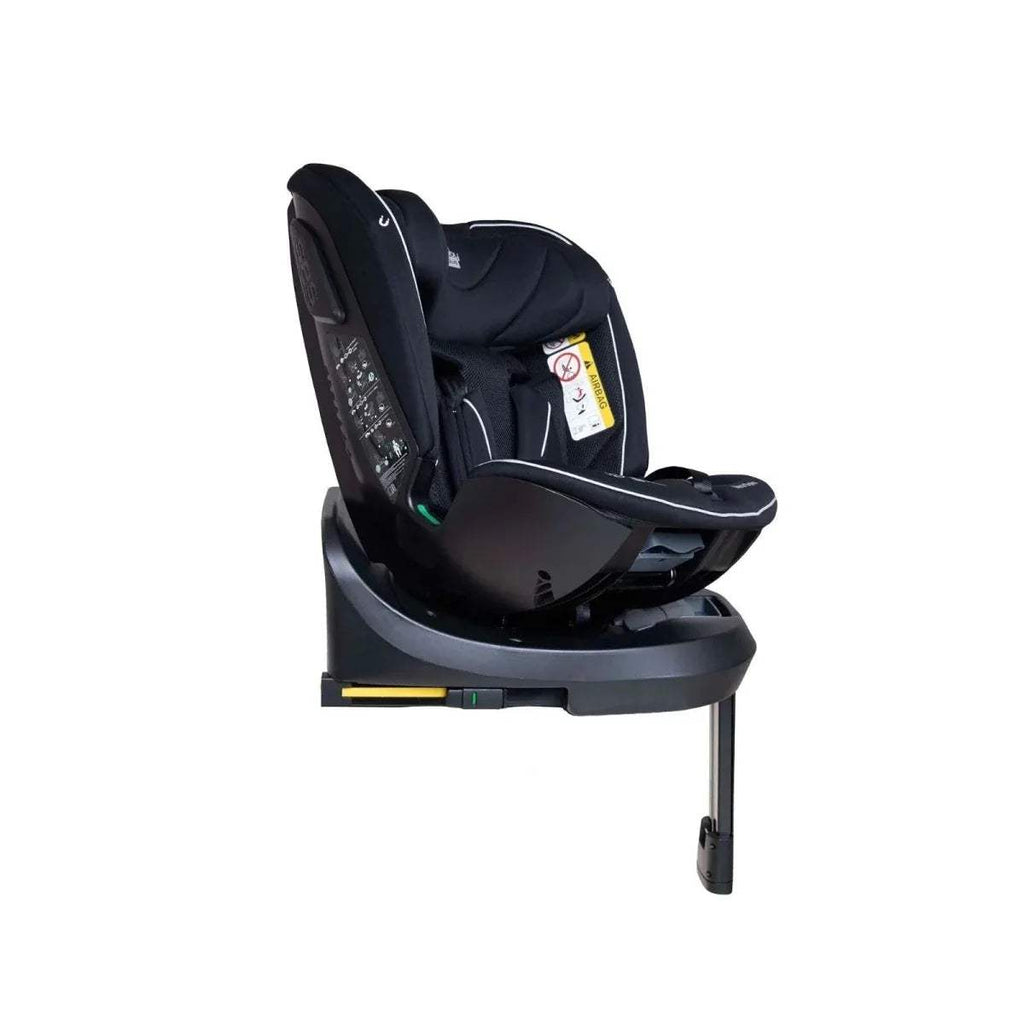Black car seat front 3/4 view with chest pad, side wings, and rotating base