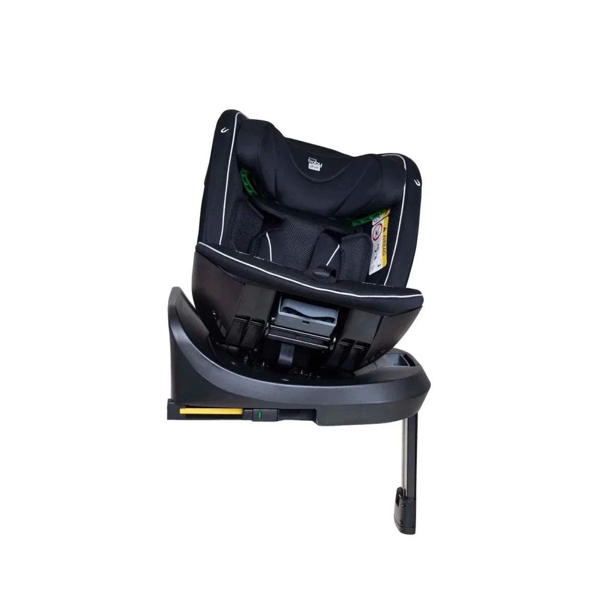 Black car seat rear 3/4 view with harness padding and 360 rotating base
