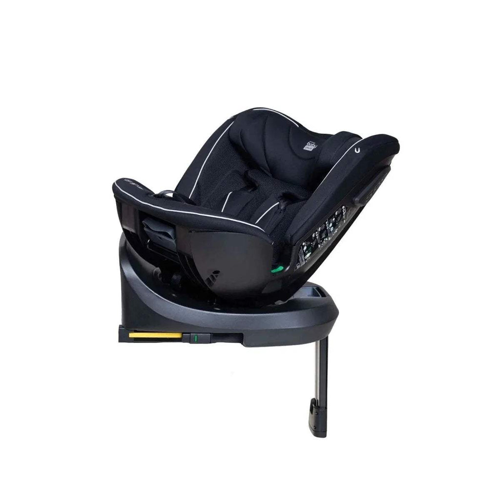 Black car seat side 3/4 view with padded headrest, harness straps, and rotating base