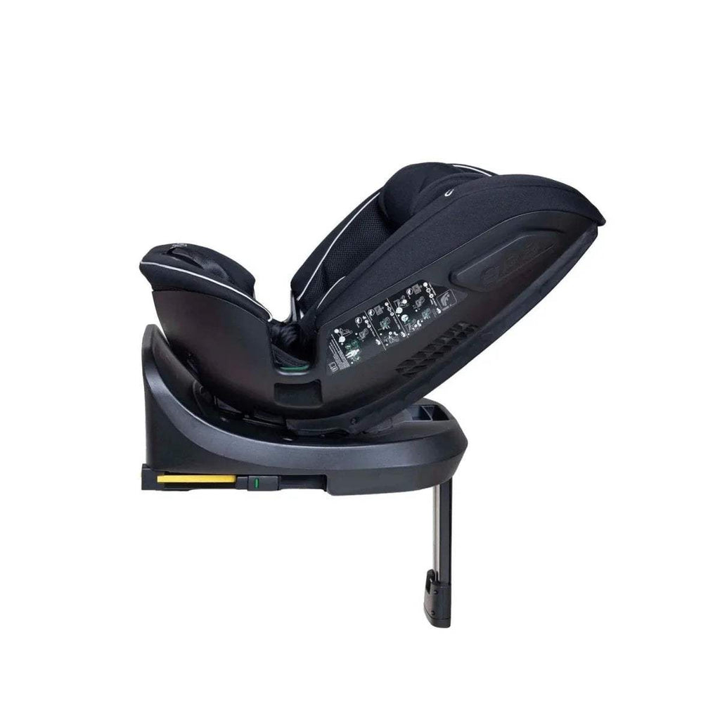 Black car seat angled side view with headrest support, harness, and side impact area