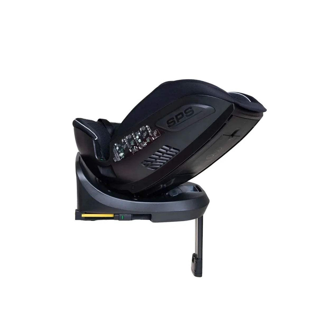 Black car seat side view with SIPS label, seat harness, and rotating 360 base