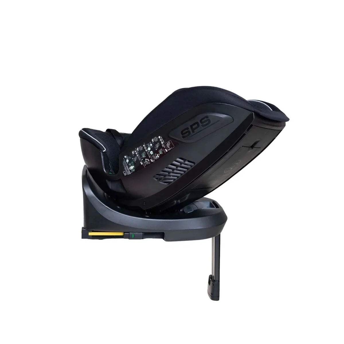 Black car seat side view with SIPS label, seat harness, and rotating 360 base